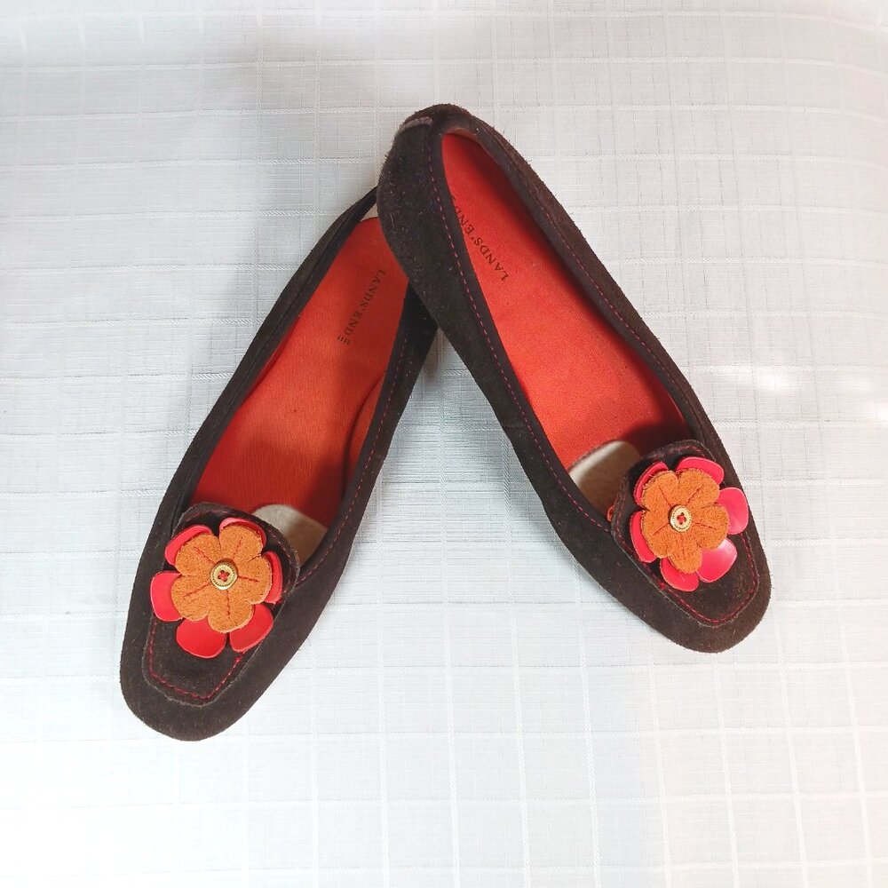 Lands’ End Brown & Orange Suede Flats with Suede Flowers Size 8M